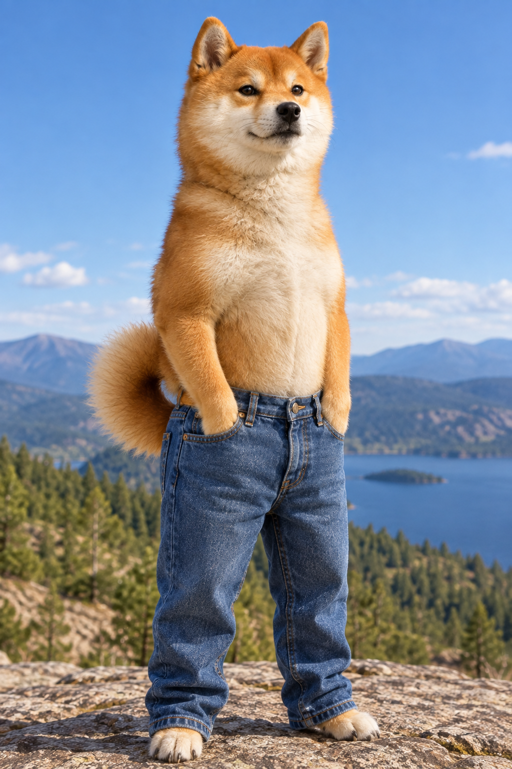 Shiba Jeanu, a Shiba Inu standing upright on a mountain ridge wearing a pair of blue jeans